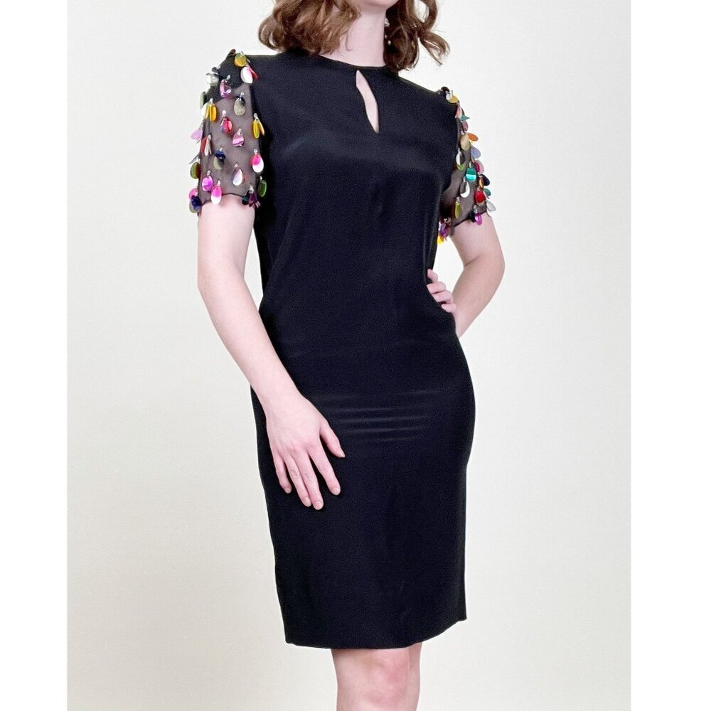 Stunning Vintage 100% Silk Sequin Beaded Midi Mini Designer Dress Wedding Guest